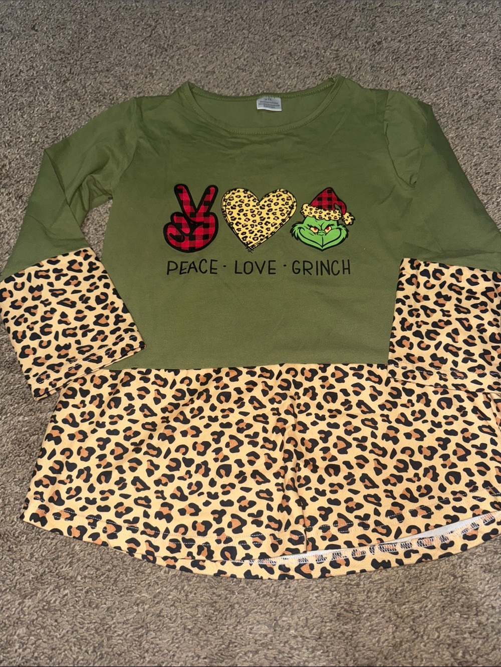 Peace Love Grinch Olive & Leopard Girls Top